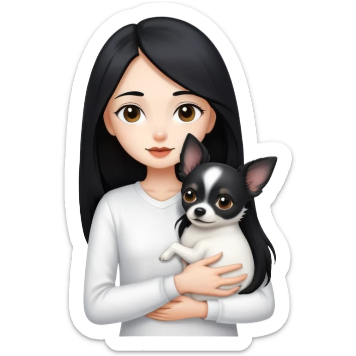 Fair skin girl - long black hair - white clothes - hugging a black chihuahua sticker