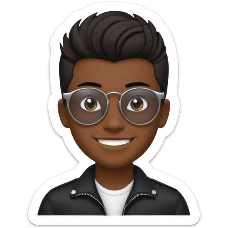 14 year old Mexican with a black pompadour with the left side of his hair a little bit on the face grinning with sunglasses sticker