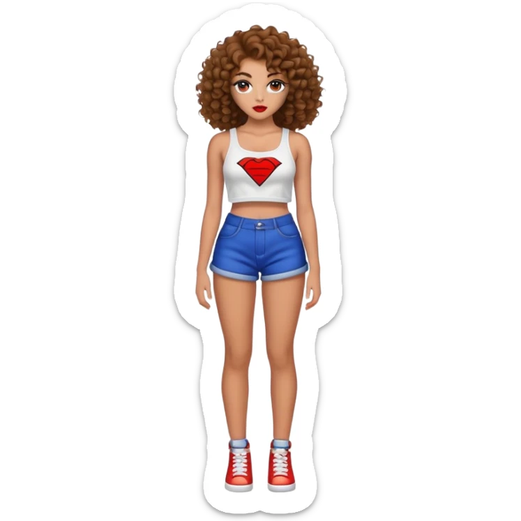 Full body teenage girl with curly brown hair, heavy makeup, big lips, crop top and choni style clothing sticker