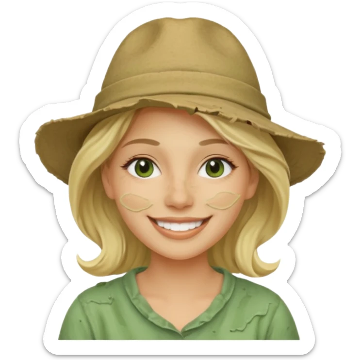 messy green clay mask and tourist hat blond woman  smiling and clay mask on full face sticker
