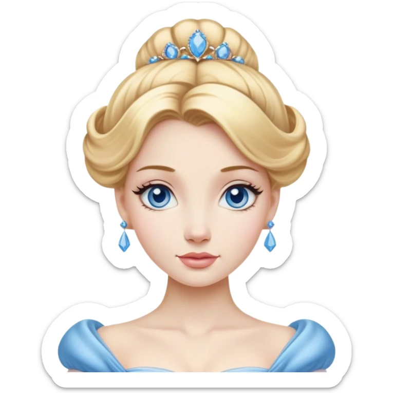 Cinematic Realistic Noble Cinderella Portrait, depicted with porcelain skin rendered in lifelike detail and soft, natural lighting that highlights every delicate nuance. Her intricately styled golden-blonde hair is arranged in an elegant updo, and her deep, expressive blue eyes radiate quiet determination. She wears her classic ball gown with rich fabric textures and delicate folds catching the light beautifully, all set against a subtly glowing, natural background that captures the essence of timeless royal grace. sticker