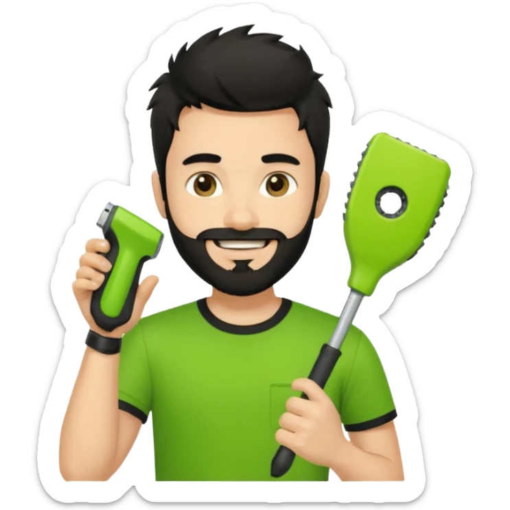 young fair-skinned man with messy black hair and beard, smiling, black t-shirt, holding a palm-sized lime green trimmer in one hand sticker
