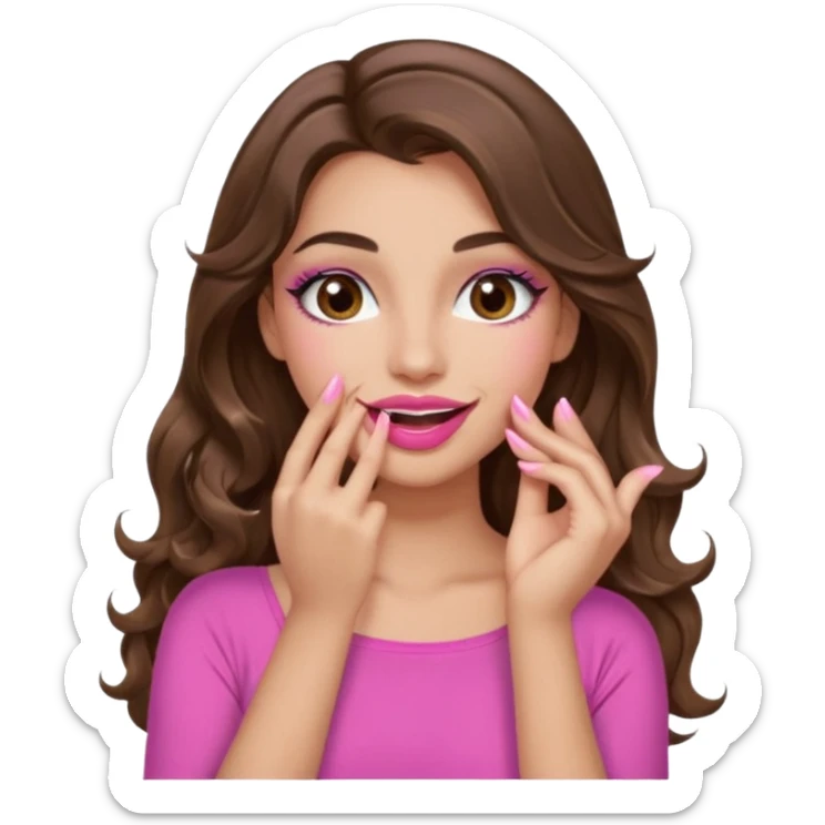 girl with long wavy brown hair, brown eyes, long lashes makeup, sexy pink lips, light to medium complexion, pink sexy top, smiling, hand covering mouth sticker