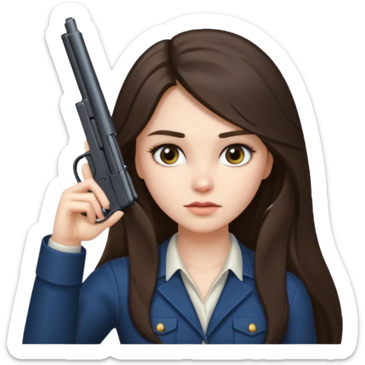 A brunette with long hair girl who is about to kill herself with a littlr gun pointed at her temple sticker