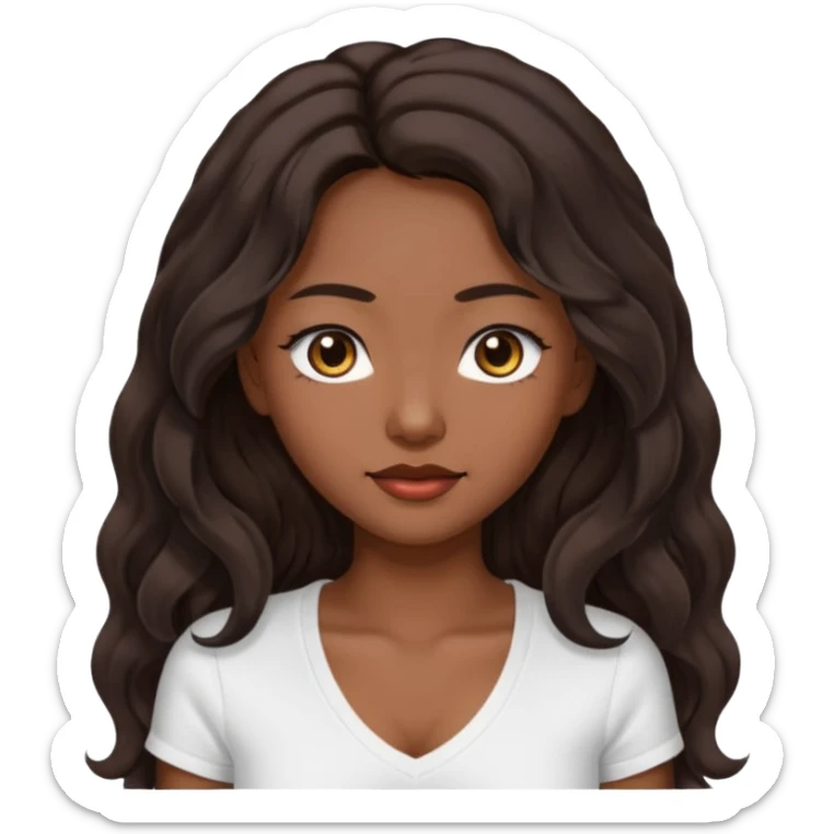 iOS style emoji A girl with very long dark brown wavy hair. And the eyes color is dark brown. And she is wearing white t shirt with V kneck. And she is 30. She is Asian with double eyelids  sticker