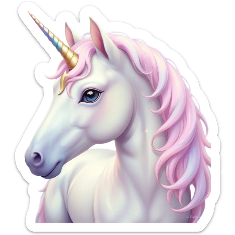 Beautiful and Majestic Unicorn Pony Portrait Emoji, Head and body radiating gentle magic with a soft pastel color, a delicately sparkling horn and eyes gently closed in peaceful wonder, Simplified yet exquisitely endearing features, highly detailed, glowing with a soft, ethereal light, high shine, serene and utterly majestic, stylized with an air of fairy-tale regality, soft glowing outline, capturing the essence of a beautiful and majestic unicorn pony that embodies the enchanting spirit of a dream! sticker