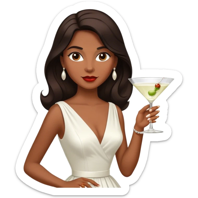 Beautiful woman in 1950’s woman fashion look, white dress, long dark brown hair, martini  sticker