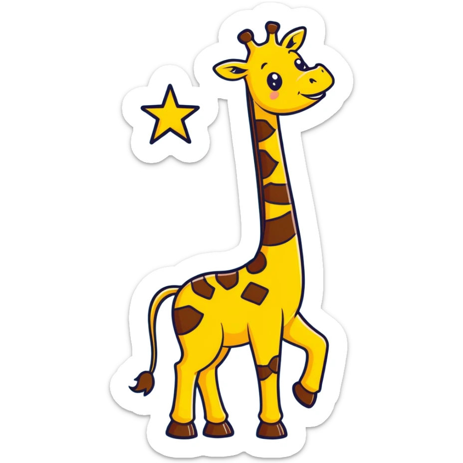 joyful cartoon giraffe dancing on hind legs, front hooves raised, big toothy smile, stars in eyes, bright yellow and brown, thick black outlines sticker
