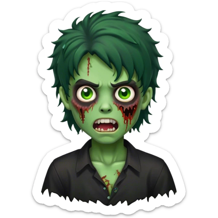 boy zombie with black curly hair mullet with green skin with black shirt and mouth open sticker