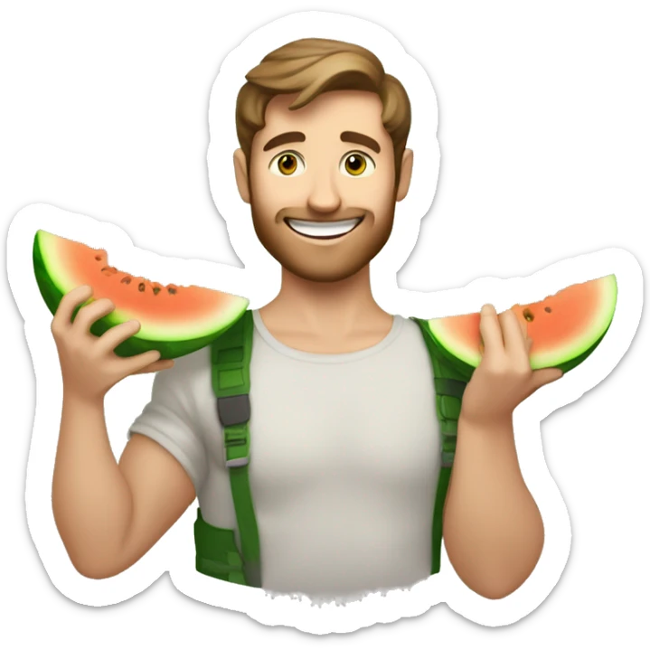 ￼ a good looking happy white man with brown hair and green eyes holding a melon in his arms sticker