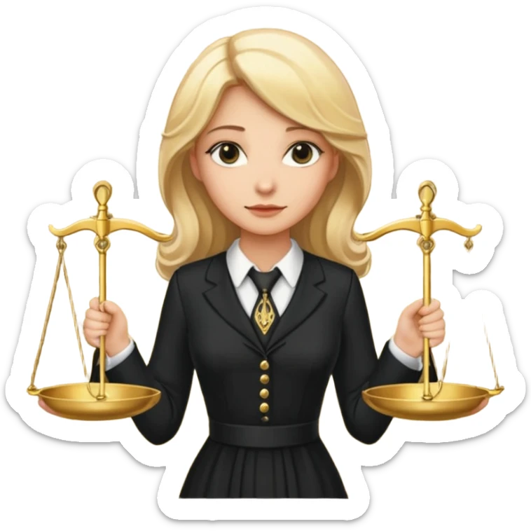 woman lawyer blanche et blonde habillée avec une robe noire longue et une cravate blanche, avec la balance de la justice derrière elle sticker