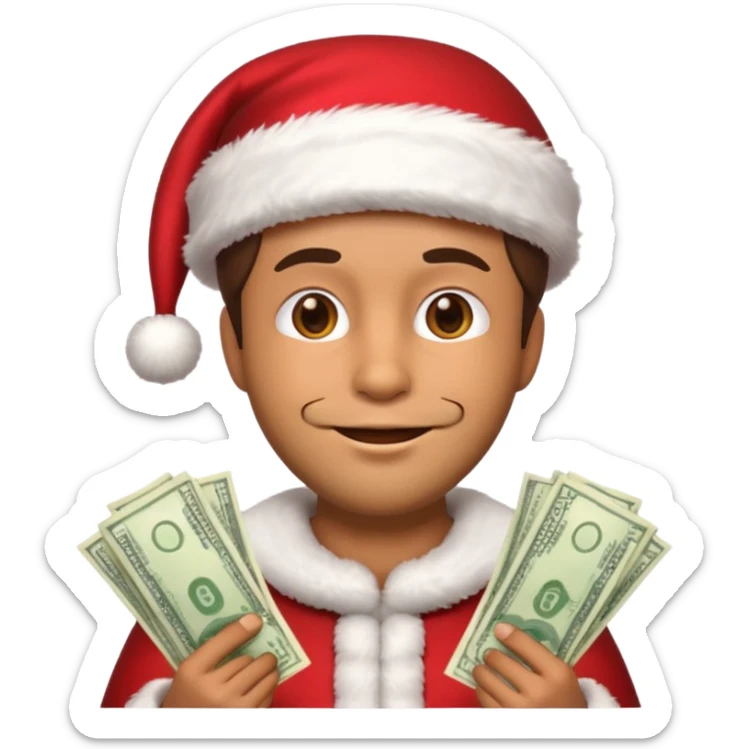 A confident rich emoji face wearing a Santa hat, money stacks, casino vibe, New Year theme, premium 3D emoji style, sharp details, no t sticker