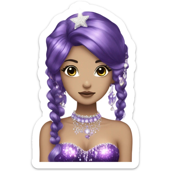mermaid hime gyaru girl, dark purple hair, jewerly sticker