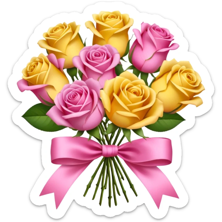 A bouquet of flowers, composed of pink and yellow roses, four blooms in total, tied with ribbon. sticker