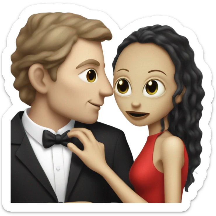 White man in black dress hugs and kissing Alien reptilian woman in red dress  sticker