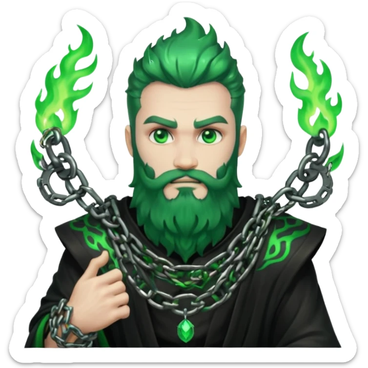 hades greek god with green flames and beard with chains on his arms and neck. Dynamic pose sticker