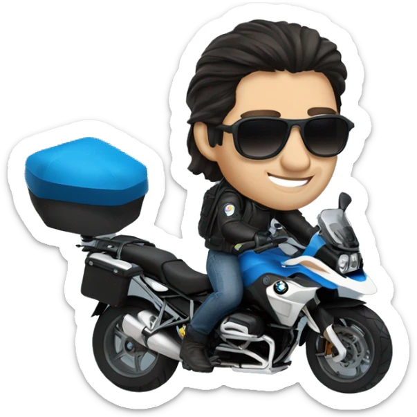 bmw gs 1250 male rider sunglases on bike dark hair blue eyes sticker