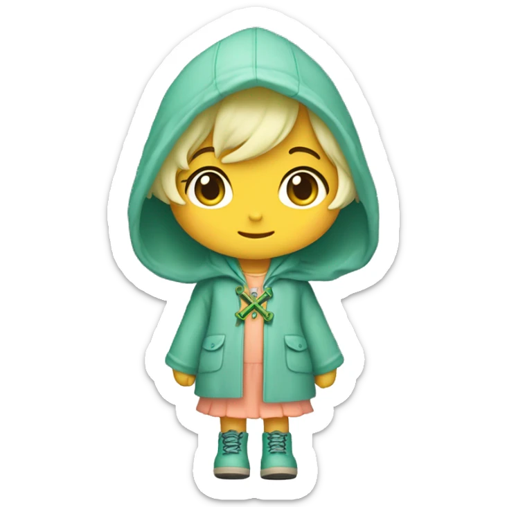 Cute little girl with light blue hair with peach skin, with yellow raincoat hooded with green boots holding a staff, with a cross necklace, Sanrio design sticker