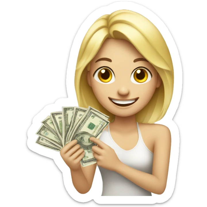 Happy blonde girl with smile and tears with money  sticker