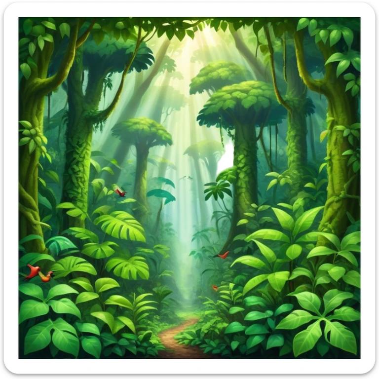 Cinematic Realistic Rainforest Emoji in a wooden frame, Lush and vibrant, filled with towering trees, thick vines, and dense green foliage, sunlight filtering through the canopy above, creating dappled patches of light on the rich, diverse undergrowth. The air is heavy with moisture, with mist rising from the forest floor and distant calls of exotic birds and animals echoing through the trees. Soft glowing outline, capturing the essence of a thriving, untamed tropical paradise filled with life! sticker