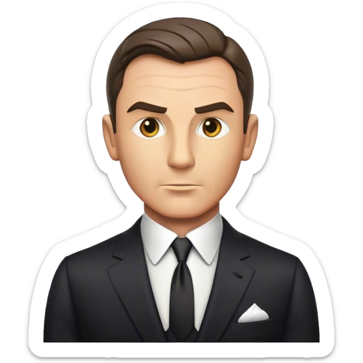 Cinematic Realistic James Bond Portrait Emoji, depicted as a suave, sophisticated secret agent in a tailored suit with a cool, composed gaze and an air of stealth and charm, rendered with crisp textures and dynamic cinematic lighting that captures his timeless espionage allure. sticker