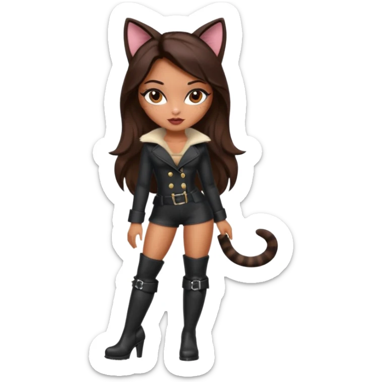 A sexy, super pretty bratz girl with caramel skin. Dark brown hair and brown eyes. She has freckles. Wearing sexy makeup. Dressed as a sexy cat with tall black boots on sticker