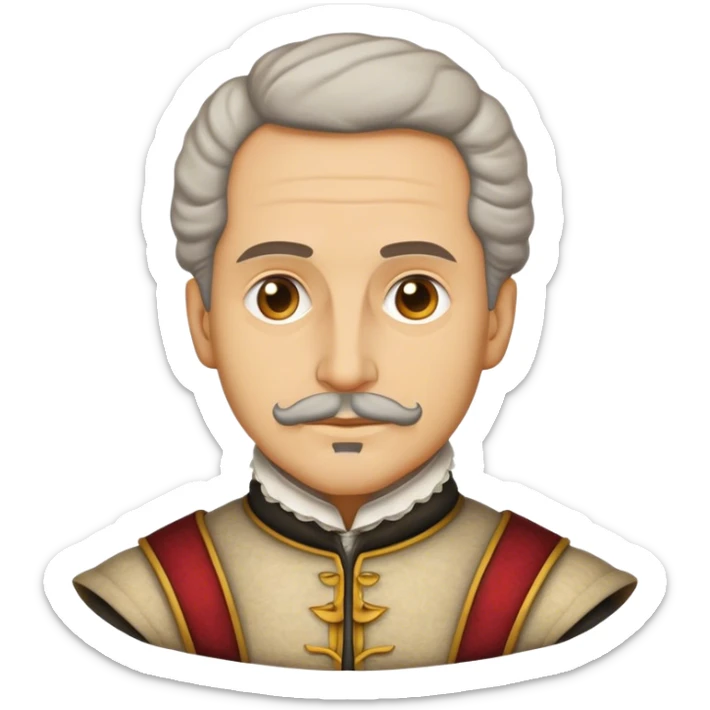 Cinematic Realistic Miguel de Cervantes Portrait Emoji, depicted as a wise thoughtful literary figure in period attire with a reflective gaze, rendered with detailed textures and soft historical lighting that captures his enduring literary legacy. sticker