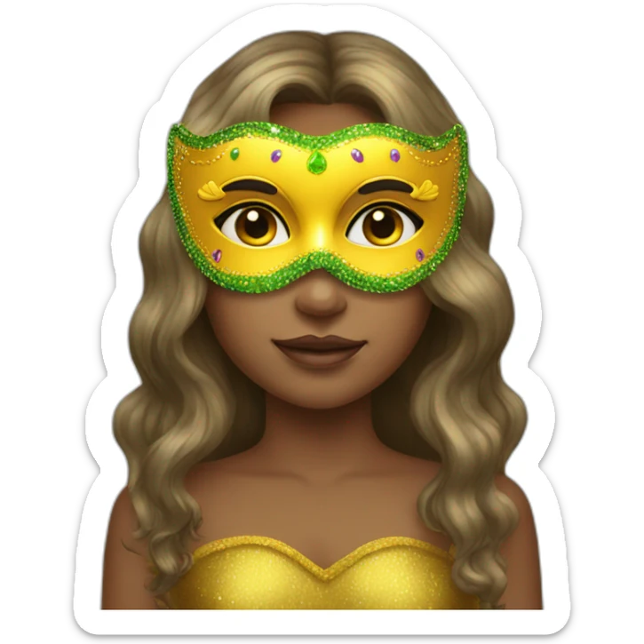 girl wearing a mardi gras mask yellow skin long hair sticker