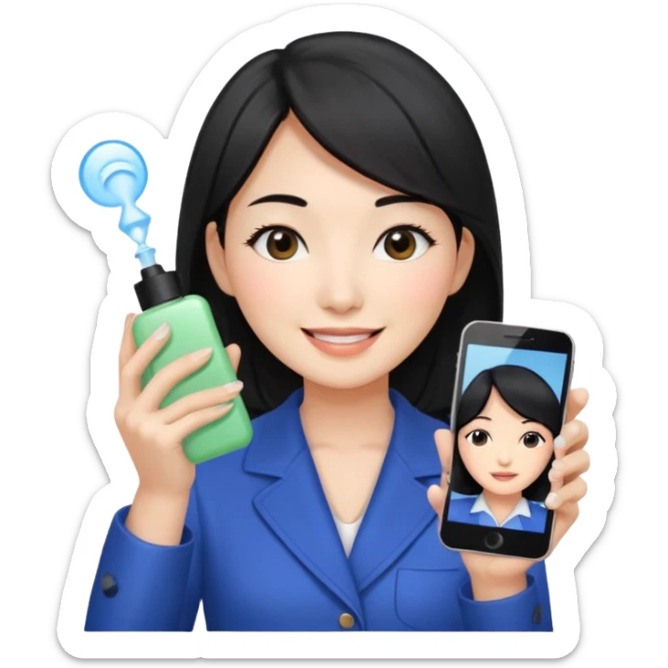 a korean cosmetics marketing expert women with black hair, holding face-mist and phone with smile on sticker