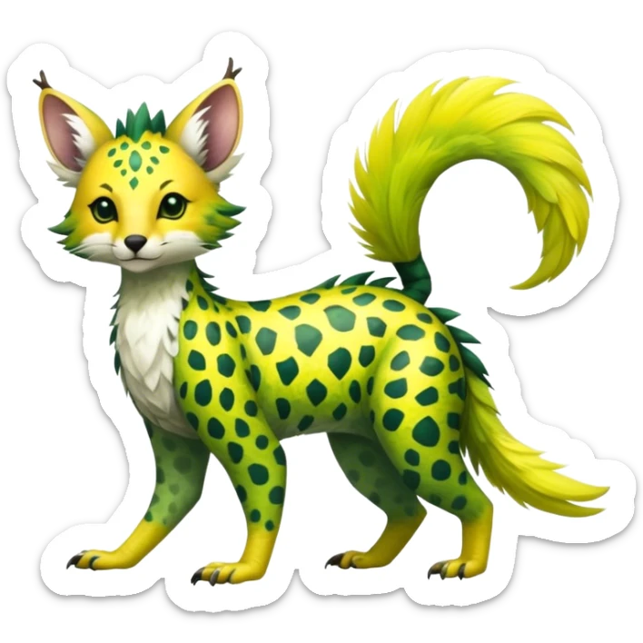 Feral Rare Fantasy vibrant tropical Vernid-Trico-jungle-animal-species-hybrid by LiLaiRa, random markings, tufted tail, tufted ears, full body sticker