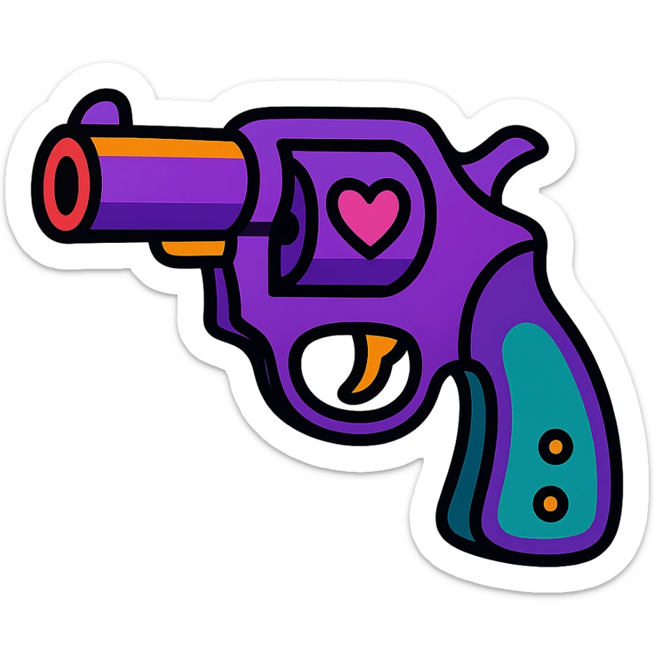 purple heart pistol, vibrant toon style, bold outlines, playful look sticker