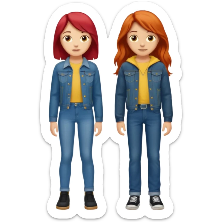 full-length couple, girl with long red hair and brown eyes in blue jeans and yellow top, boy with black hair in denim jacket sticker