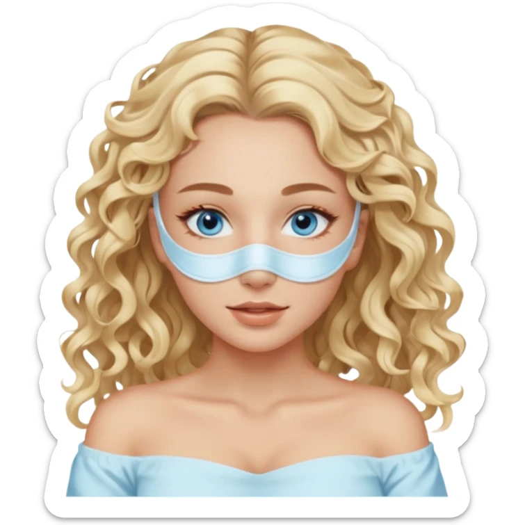 White girl- ocean blue eyes - beauty face mask massage -full care- blonde long curly hair  white off shoulder shirt sticker