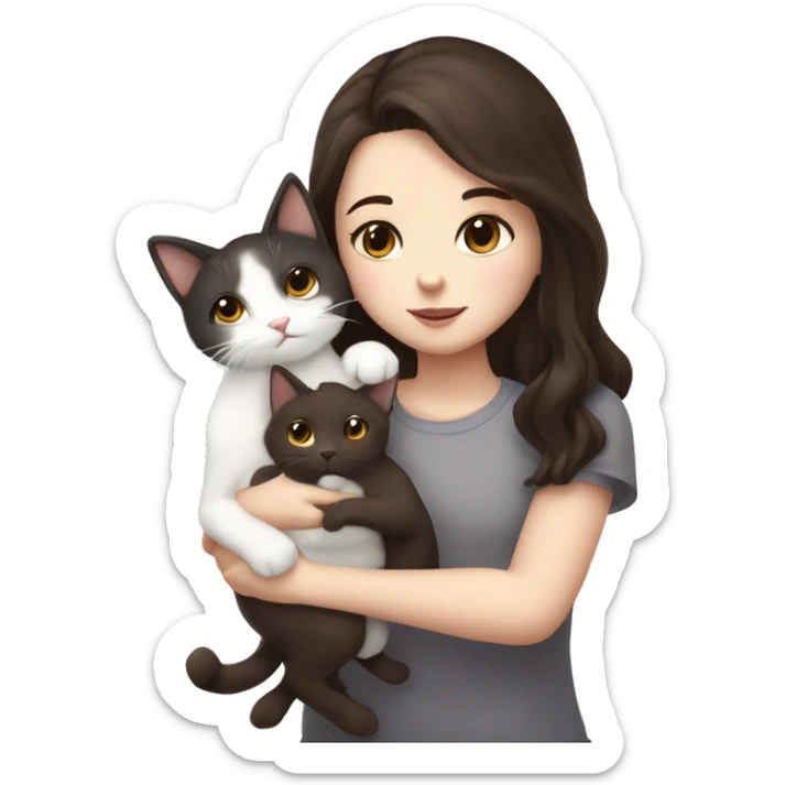 A pale girl with dark brown hair and dark brown eyes holds and kisses a white cat in her hands look at the cat sticker