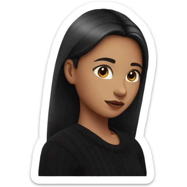 girl with straight middle part, wearing black sweater, neck sticker