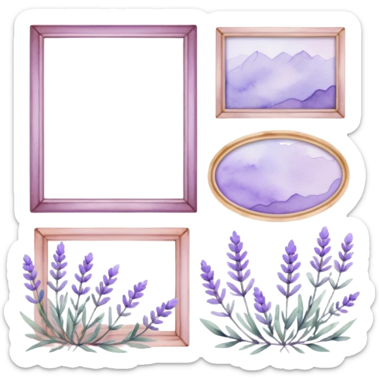 The art style is clean line art with delicate watercolor textures, pastel colors, and a dominant palette of lavender, soft lilac, and muted purple.  Delicate frames to border text sticker