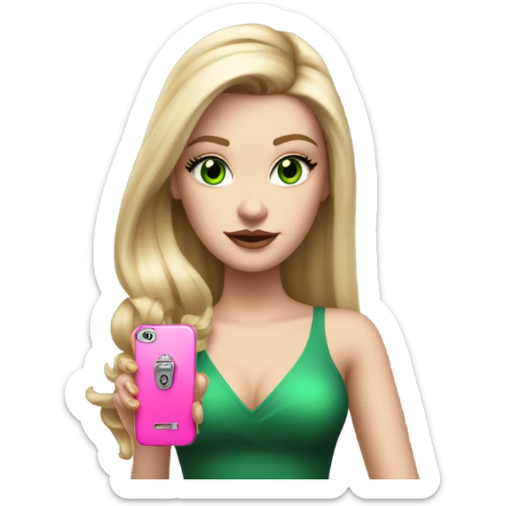 Realistic White girl with Long straight blonde hair, green eyes, tattoos, full body wearing dress and High heels, holding pink phone sticker