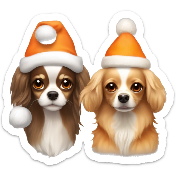 2 firiend dogs, chihuahua with long hair, with beige color fur and orange lights. And cocer spaniel with orange fur. They are in christmas hats sticker