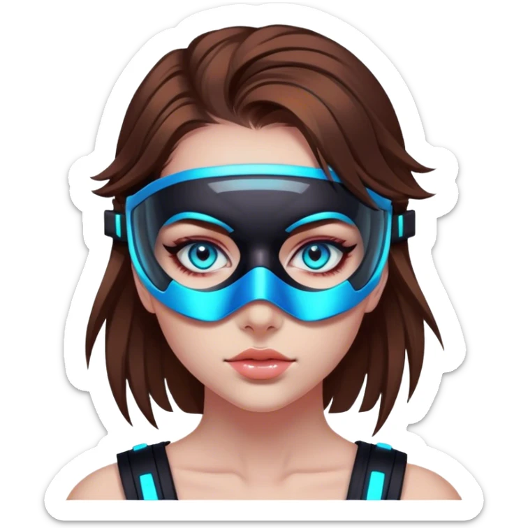 neon cyberpunk style 
girl with brown hair and blue eyes wearing a mask sticker