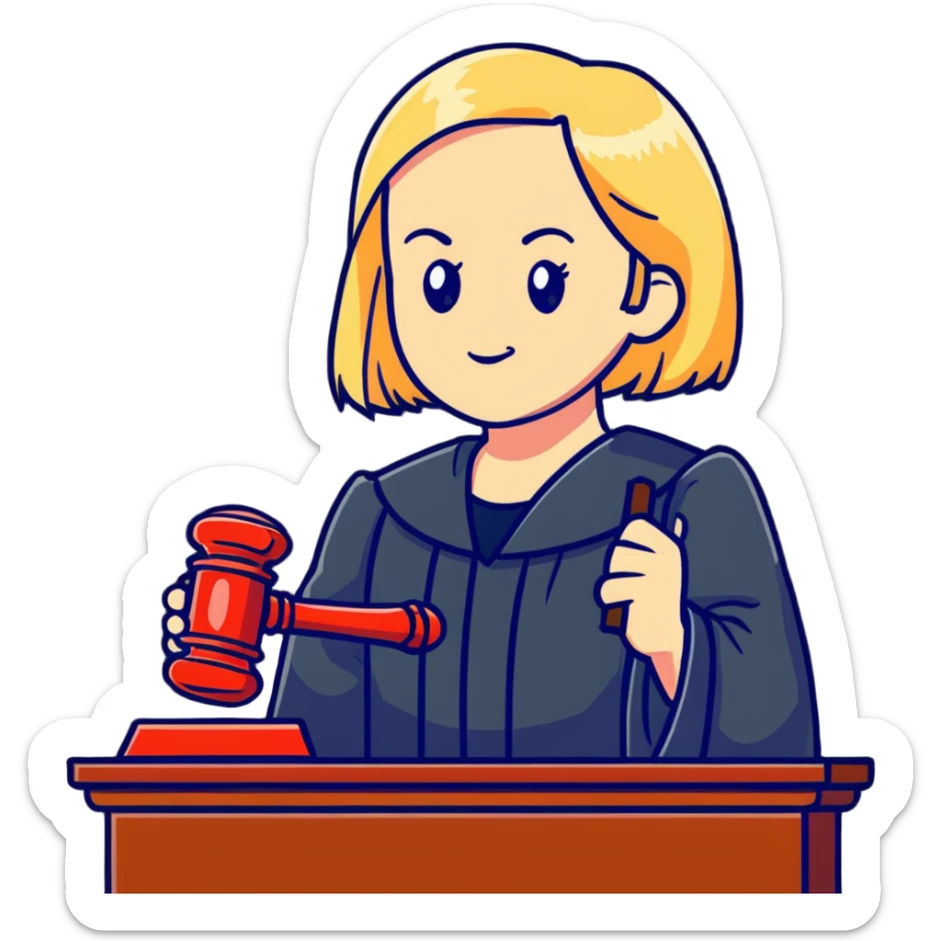 Angry judge with shoulder length blonde hair holding a gavel sticker