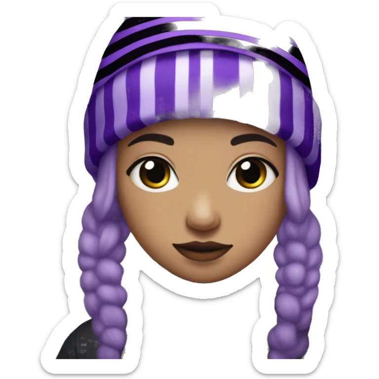 with neon purple eyes and short, dull purple hair. She wears a black striped beanie with a glittery bobble at the tip, and black boots with long, dark purple light purple striped socks. She  sticker
