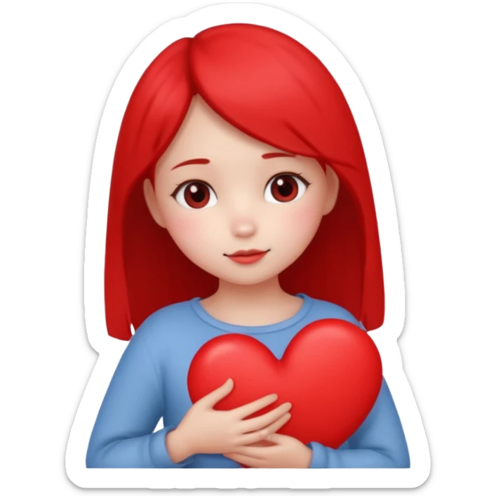 cute girl with a shy expression holding a heart close to her chest, minimal details sticker