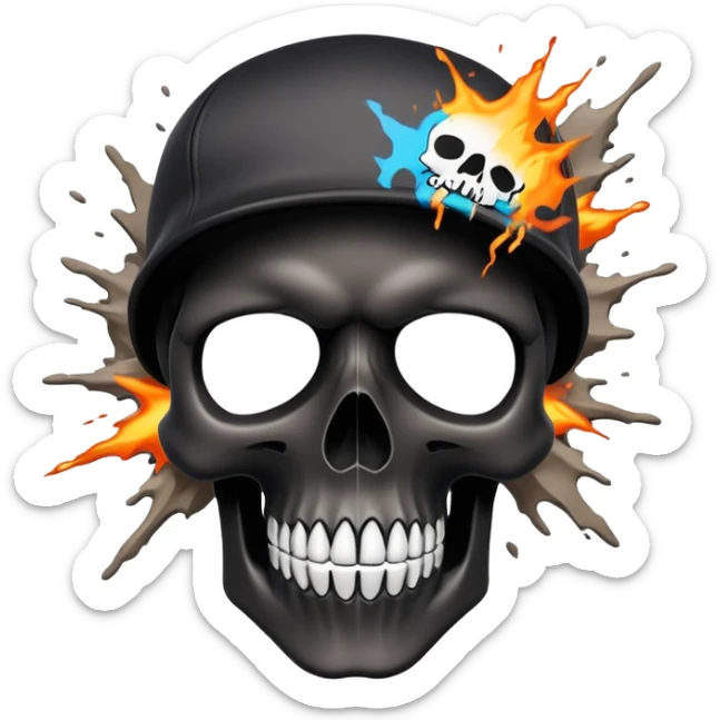 smooth black skull with wild graffiti explosion and hypebeast streetwear brand logos, angled view sticker