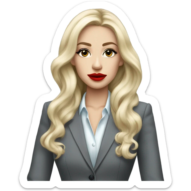 Russian Blonde long hair with big red lips small nose and black eyes Tiffany diamond seller in a grey suit sticker