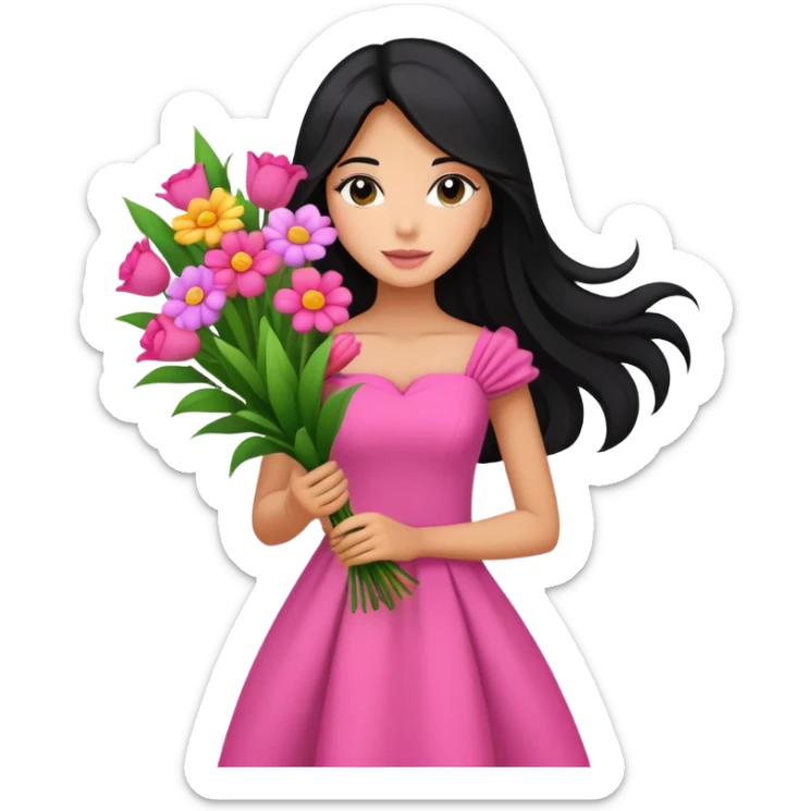 beautiful girl with long black hair wearing pink dress holding a colorful bouquet of flowers sticker