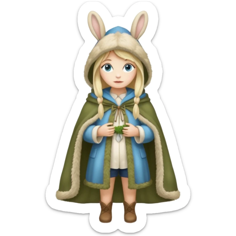 full body woman long blonde hair blue eyes white skin wearing rabbit hat and soft moss cloak sticker