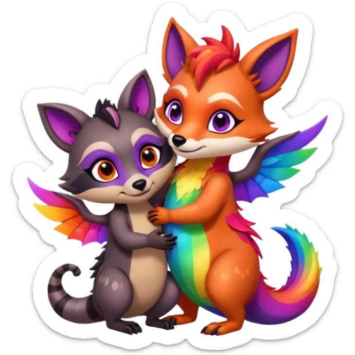 black female raccoon dragon hybrid with rainbow colored wings and purple eyes giving a big hug to a red female fox dragon hybrid with rainbow colored wings and orange eyes sticker