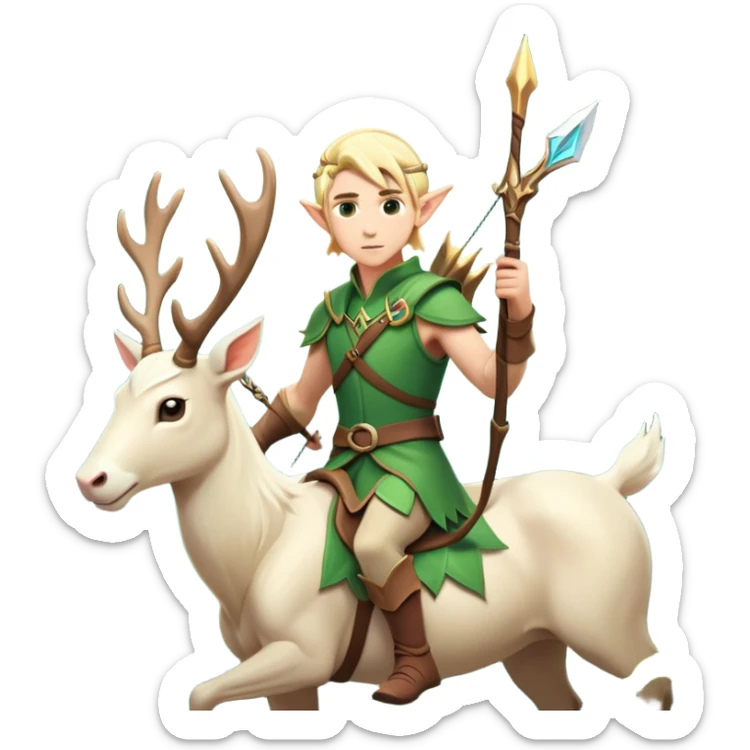 clash-of-clans-aesthetic-blond-male elf-archer-portrait-emoji, rendered in a flat, vector-style with minimal shading and bold, simplified shapes, head tilted slightly forward with a determined, focused expression, riding a majestic white stag whose antlers glow with mystical energy, set against an ancient, enchanted forest backdrop. sticker