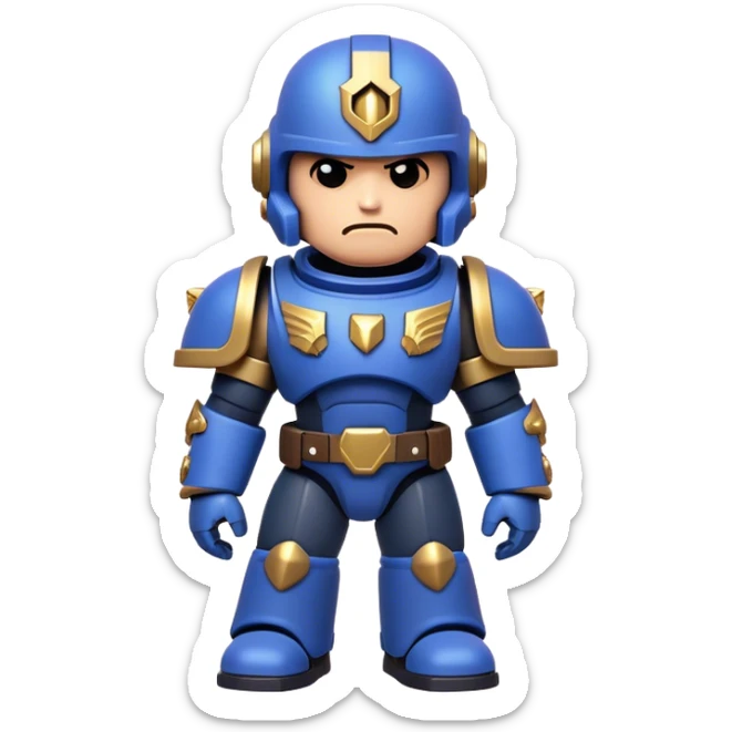 Clash of Clans aesthetic: Cinematic Playful Space Marine Hero Emoji, rendered in a 3D vector-style similar to standard emojis with minimal shading and bold, simplified shapes. A compact, heroic isometric figure clad in futuristic power armor with signature energy accents, softly glowing with a cosmic battle charm. Simplified yet unmistakably iconic, highly detailed and consistent, glowing with a soft radiant shine and high gloss. Stylized with a touch of interstellar valor and a soft glowing outline, capturing the essence of an elite space warrior with a friendly, playful manner! sticker