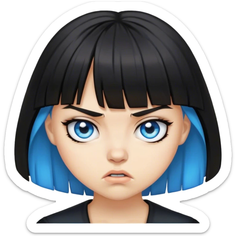 Girl angry wearing black with black medium length hair with bangs and blue eyes sticker